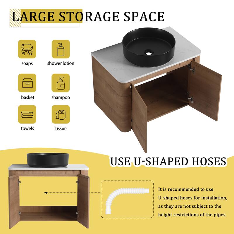 30'' Wall-Mounted Bathroom Vanity With Ceramic Art Sink & 2-Soft-Close Door, KD-Packing, Plywood