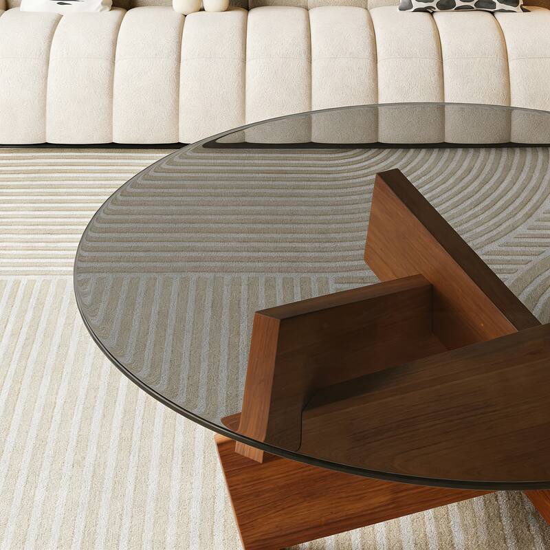 Modern Round Coffee Table for Living Room,Mid Century Center Table with Tempered Glass Top and Wood