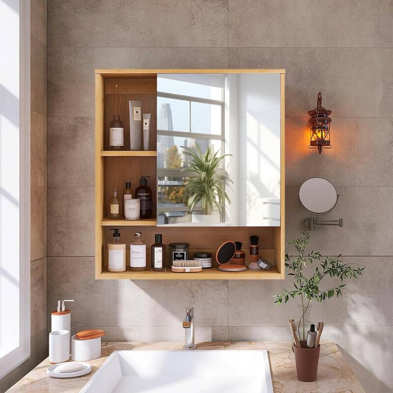 Medicine Cabinet Wall-Mounted Mirrored Bamboo Frame Storage Bathroom - 22"x24"x6.3" - Natural Wood