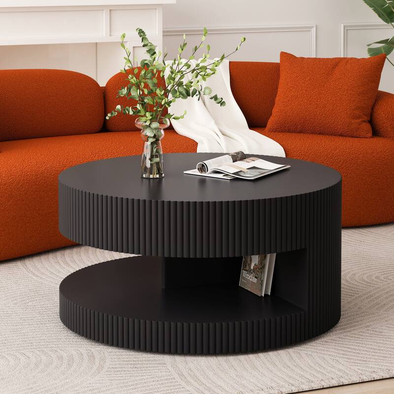 31.5" Round Coffee Table with Storage, Modern Wood Center Table with Vertical Stripe Detail for Living Room
