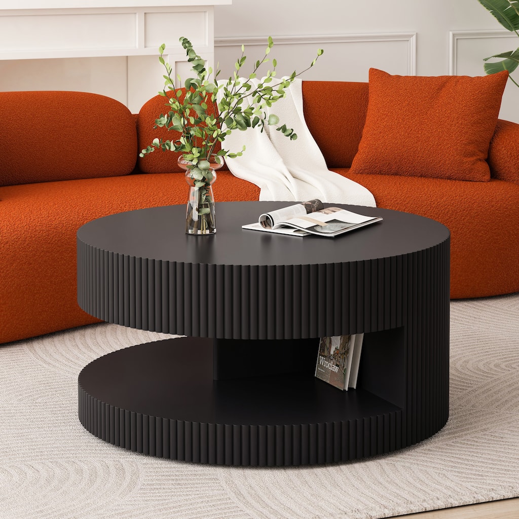 GDFStudio Thalric Round Wood Coffee Table with Storage and Vertical Stripe Design