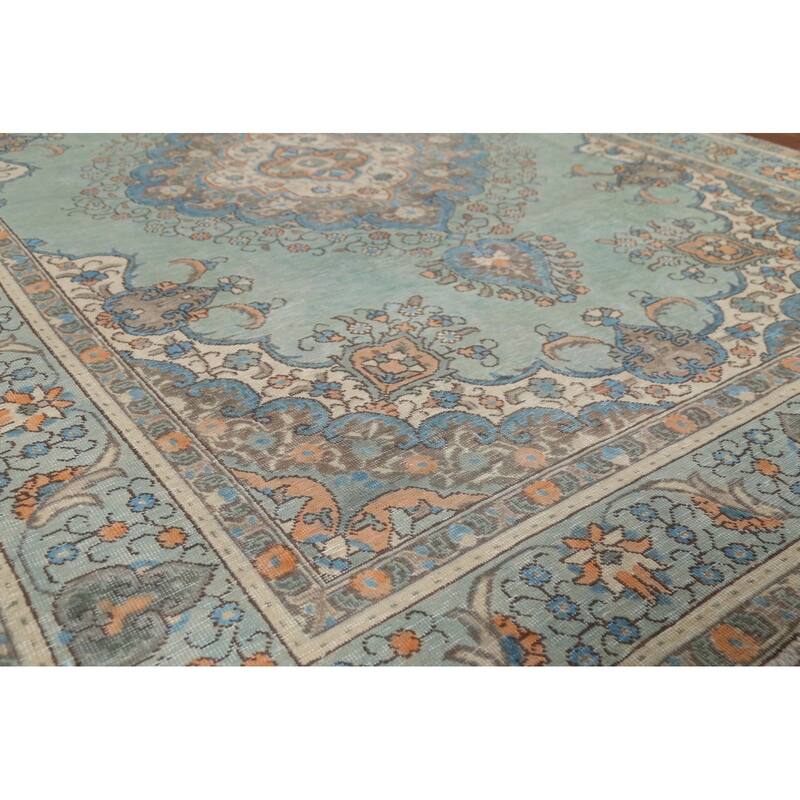 Turquoise Green Tabriz Persian Vintage Area Rug Handmade Wool Carpet - 6'8"x 9'6"