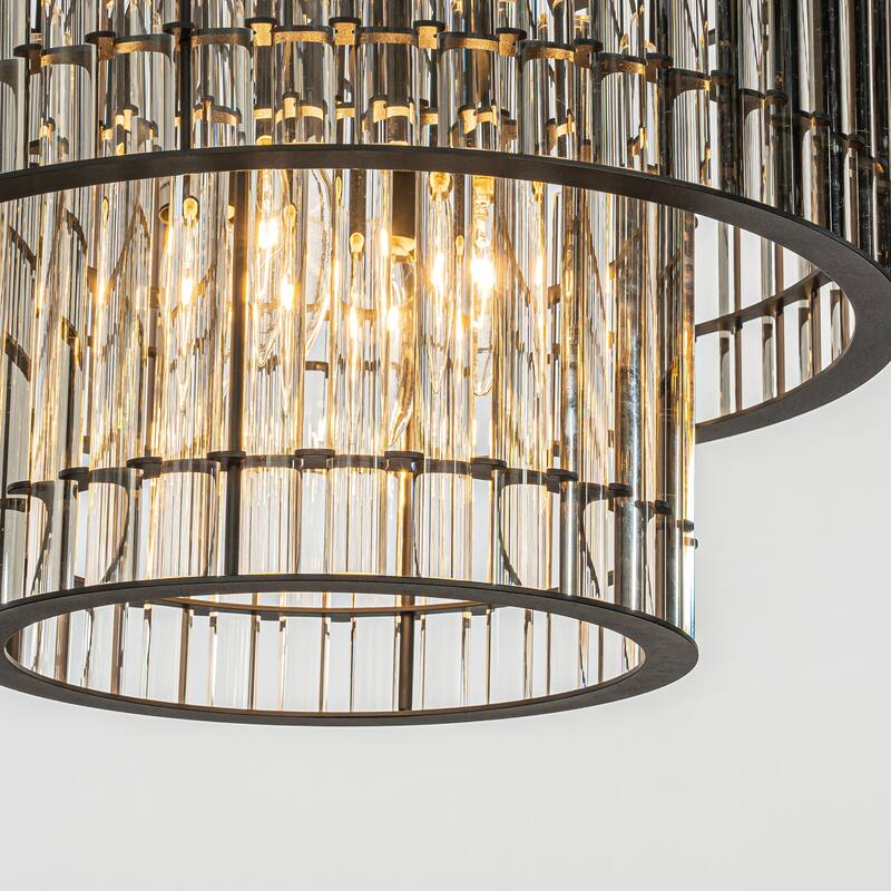 4-Light 16" Modern Luxury Matte Black 2-Tier Glass Chandelier for Dining Room