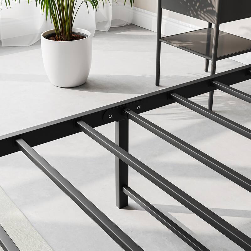 Rustic Platform Bed Metal Slat Bed Frame Mattress Foundation with Charging Station and Upholstered Headboard