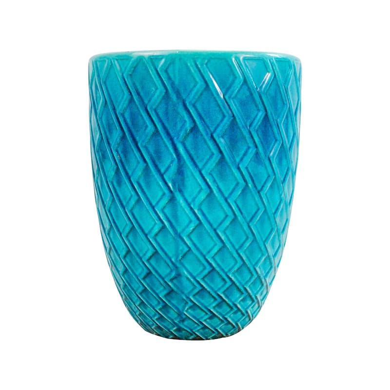 Customizable Cyan Ceramic Planter 16.5in Striped Design Weatherproof Indoor Outdoor Garden Pot