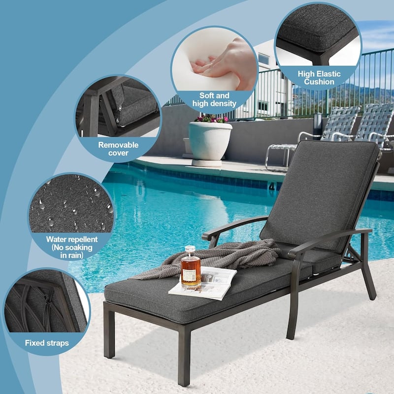 HOMEFUN Outdoor Aluminum Reclining 5-Position Adjustable Backrest Chaise Lounge with Cushion