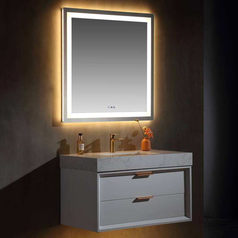 36/48/60 Modern Floating Bathroom Vanity with Sinle/Double Sink & Soft-Close Drawers & LED Lighting & Waterproof, White