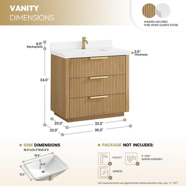 dimension image slide 5 of 8, Santarem Single Vanity with Pure White Quartz Stone Top without Mirror