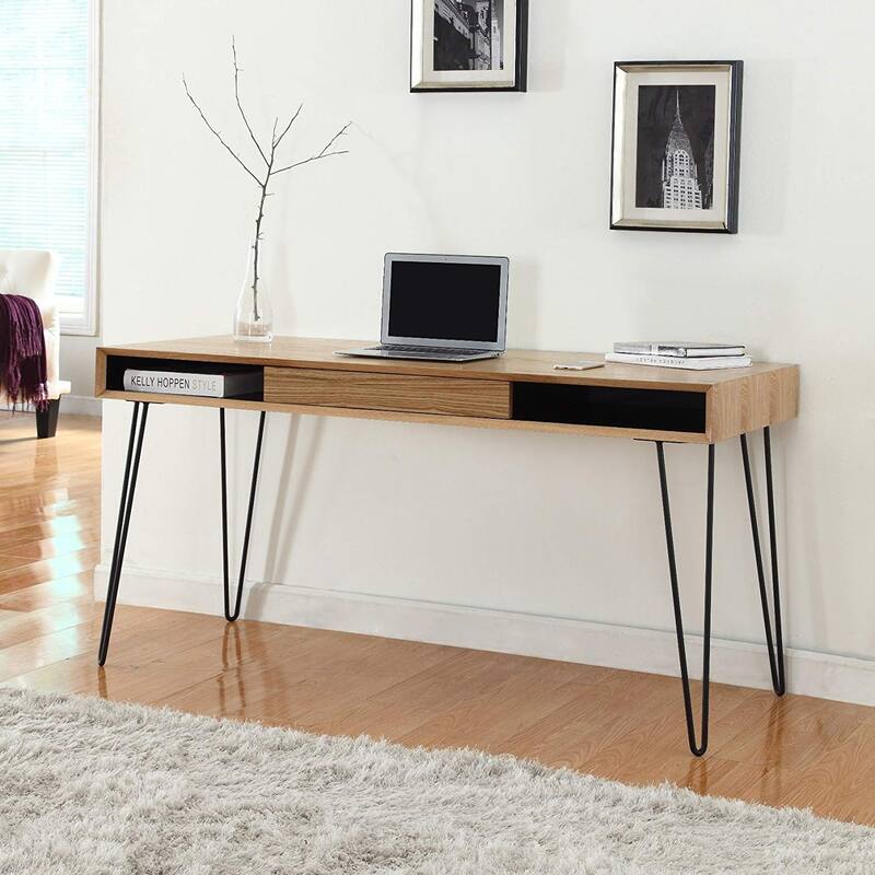 Home Office Desk - 59" Oak Veneer Top & Metal Legs - Large Desk with Drawer - Easy Assembly