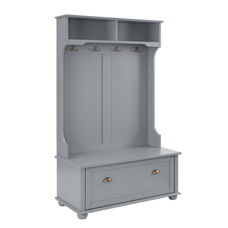 Hall Tree Entryway Bench with Open Shelves and Shoe Cabinets