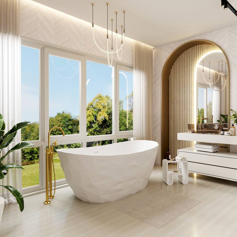 64 in. Freestanding Solid Surface Soaking Bathtub in Matte White, Elegant Oval Design with Center Drain