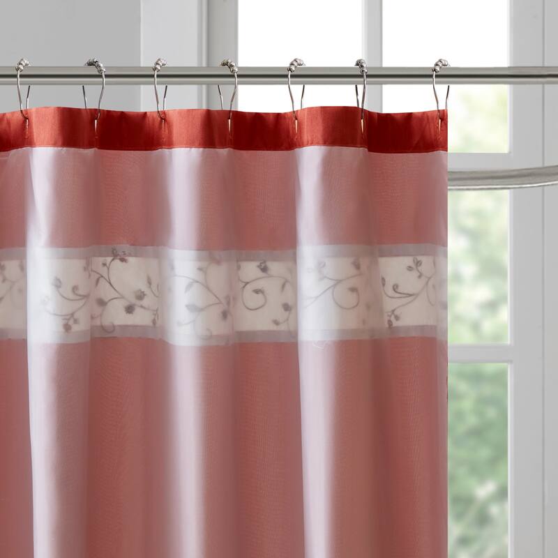 Red Faux Silk Embroidered Floral Shower Curtain