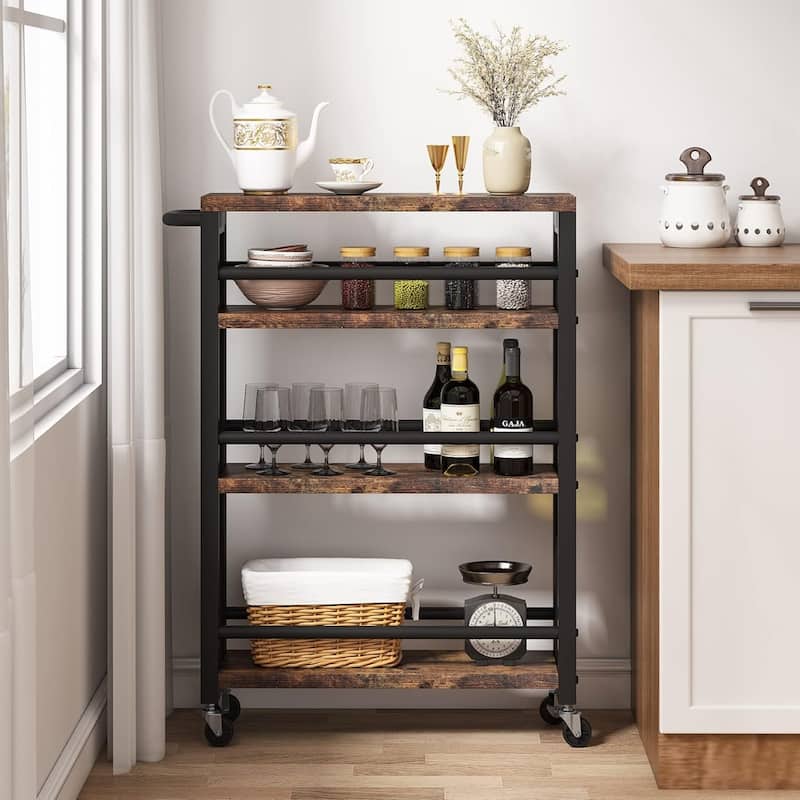 Slim Rolling Utility Carts with Wheels,4-Tier Narrow Kitchen Trolley Cart - Black+Brown