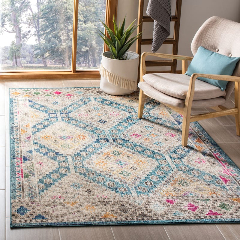SAFAVIEH, Madison Hortensia Boho Diamond Distressed Rug - 3' x 5' - Dark Blue/Yellow