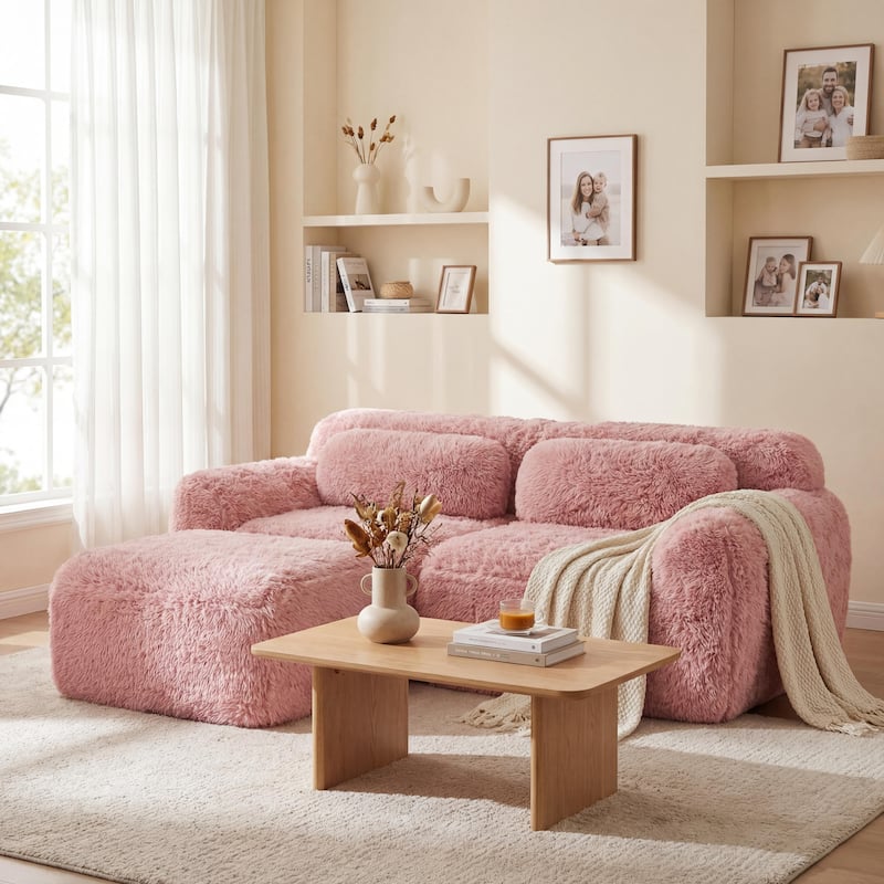 Homy Casa Pink Plush Modular Sectional Sofa Set Soft Cloud Floor Couch - P2 - PINK2