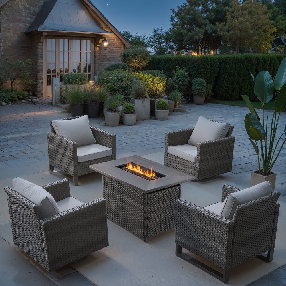 5 Pieces Patio Wicker with Fire Pit Table - Beige cushion - Grey