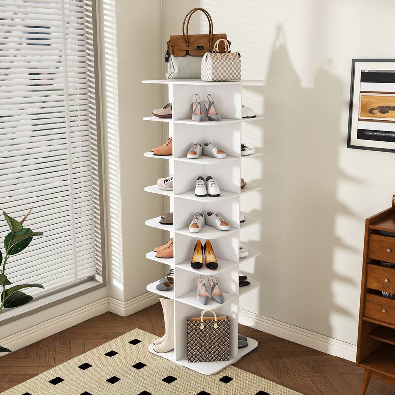 Rotating Shoe Rack Tower, 7-Tier Spinning Shoe Rack, Free Standing 360°Revolving Shoe Organizer, High Bottom Design - White