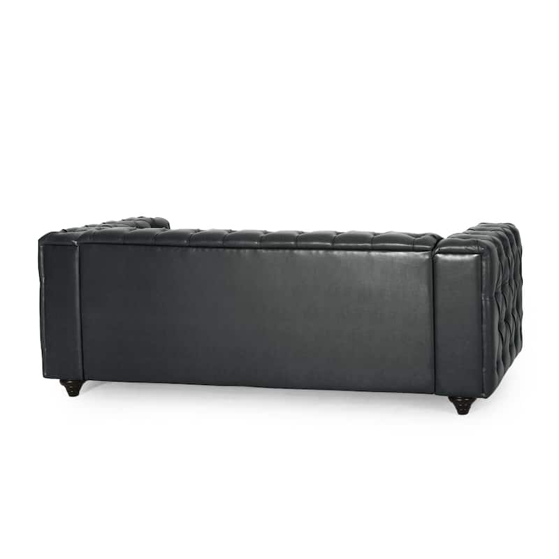 Faux Leather Button Tufted 3-seater Sofa with Wood Legs
