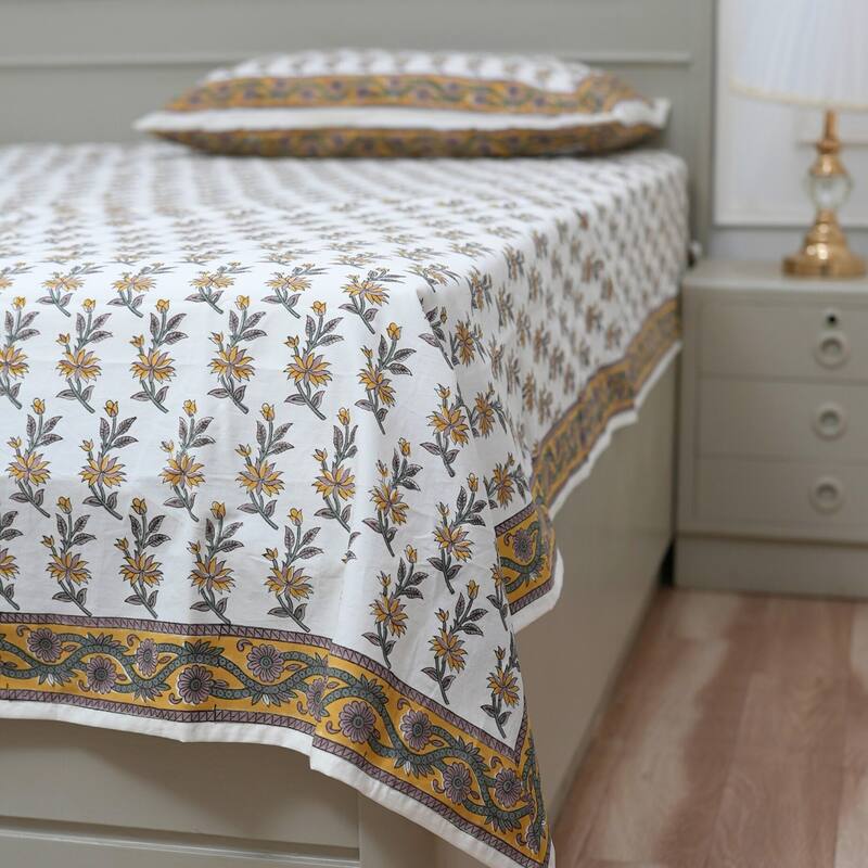 Fabdivine Handmade Block Print Flat Sheet or Bed Sheet Cotton Fabric Floral Home Decor
