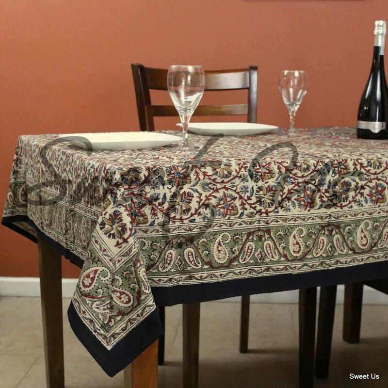 Block Print Kalamkari Paisley Floral Tablecloth Rectangle Blue Green Red Beige - 70 x 104 inches - Green Red