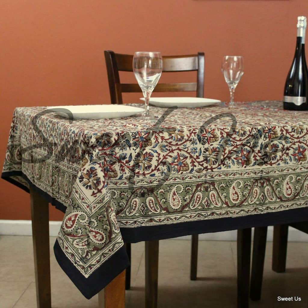 Kalamkari Cotton Block Print Floral Bloom Paisley Tablecloth Rectangle