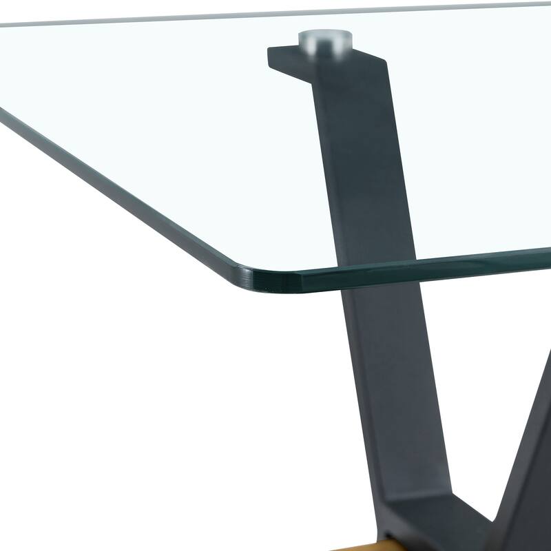 Elegant Transparent Tempered Glass Dining Table,With X-Shaped Metal Table Legs,Wood Grain Textured Mdf Crossbeam