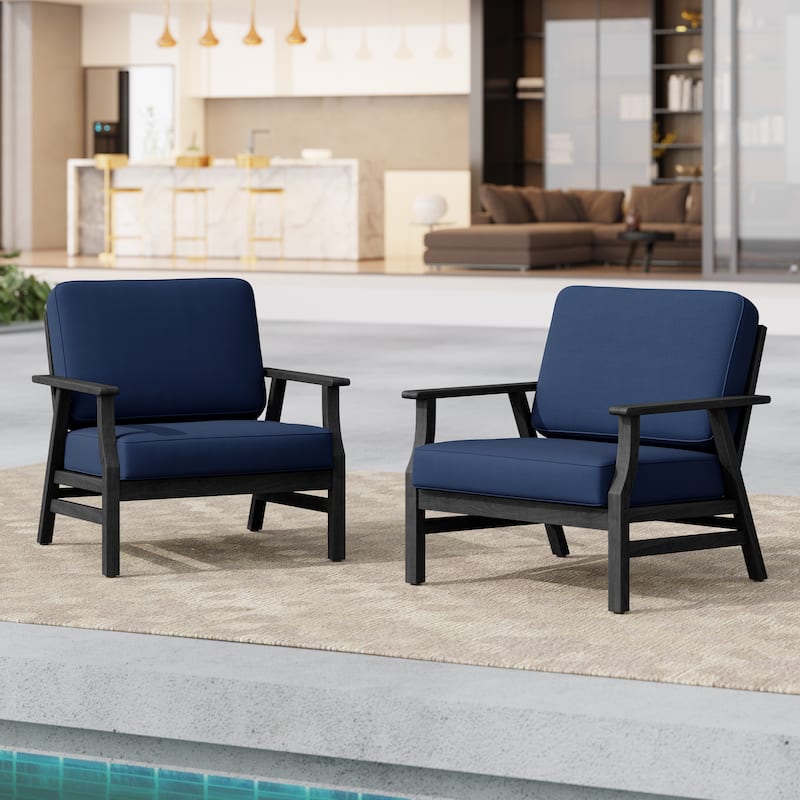 Jamie 2 Set 31" W Outdoor Acacia Wood Club Chairs with Cushions - Dark Wood - Navy