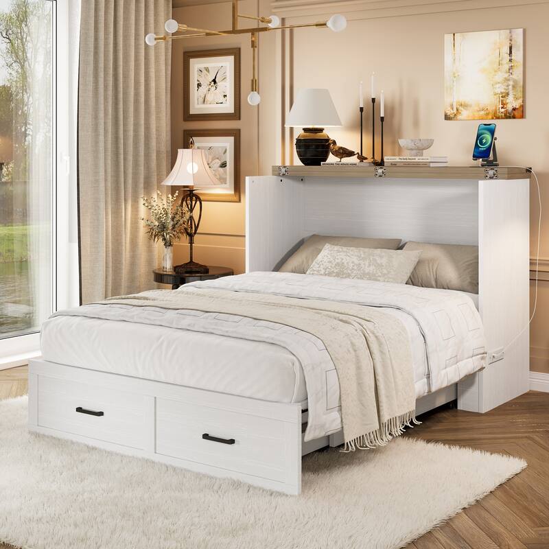 Queen/Full Size Murphy Cabinet Bed - Foldable Platform Bed with Charging Station & Large Storage Drawer - White - Full