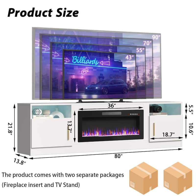 Bossin 80" Fireplace TV Stand with 36" Electric Fireplace, TV Stand for TVs Up to 90", 16 Colors LED Lights/Entertainment Center