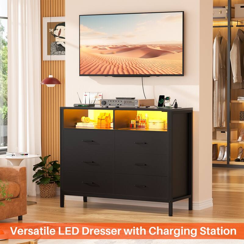 Chest of Drawers with LED Lights and Outlets,Wood Drawer Dresser for Clothes Storage
