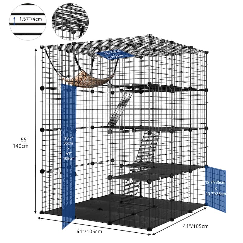 Large 4-layer Metal Cat Cage Indoor DIY Kennel with Storage Cube and Hammock