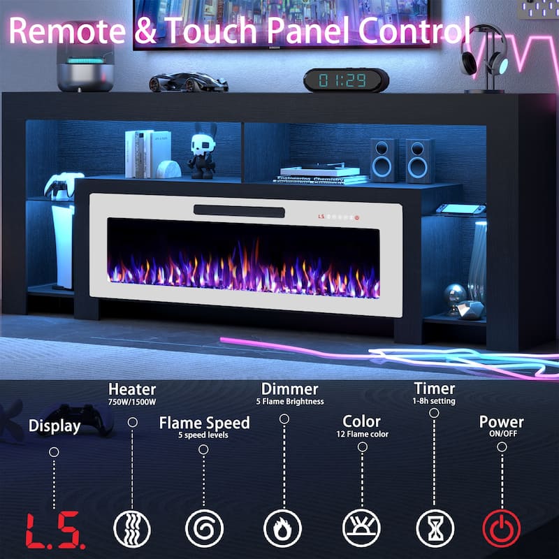 BOSSIN 82" Electric Fireplace TV Stand Entertainment Center, High Gloss with LED Lights, Holds TVs Up to 90 Inches, White