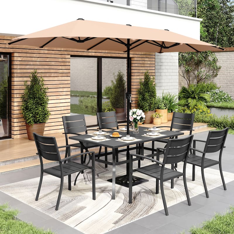 MAISON ARTS 8-Piece Outdoor Dining Set with 13ft Umbrella, Metal Rectangle Table & 6 Stackable Chairs - Beige Umbrella