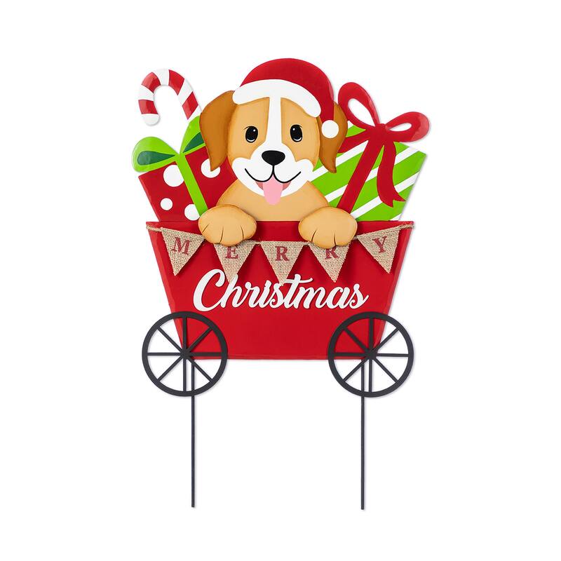 Glitzhome Metal Snowman Santa Yard Stakes Christmas Dog and Gift Cart Wall Decor