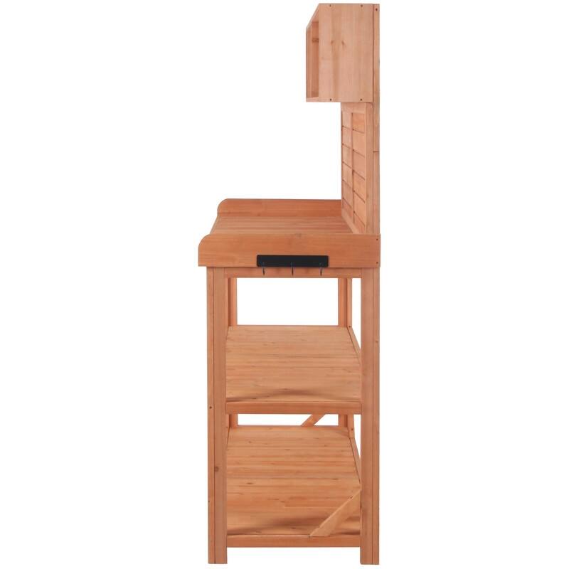 65" Large Wooden Farmhouse Rustic Outdoor Potting Bench Table, Patio Workstation with 4 Storage Shelves and Side Hook