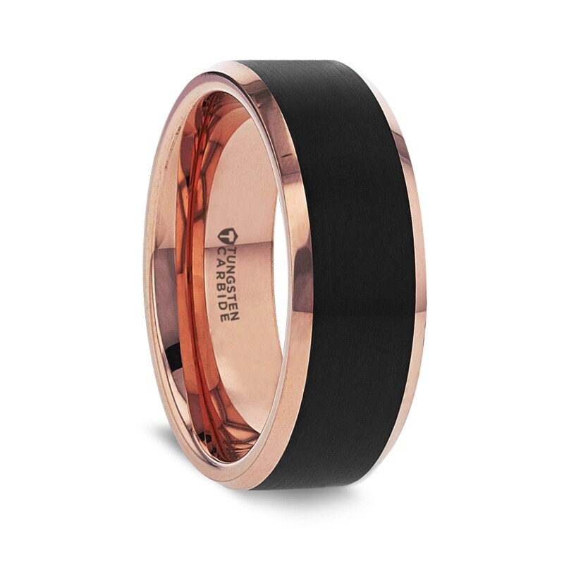 Shop Thorsten Hayden Mens Tungsten Rings Rose Gold Plated Tungsten Polished Beveled Wedding Ring Band Brushed Black Center 8mm Overstock 26889589