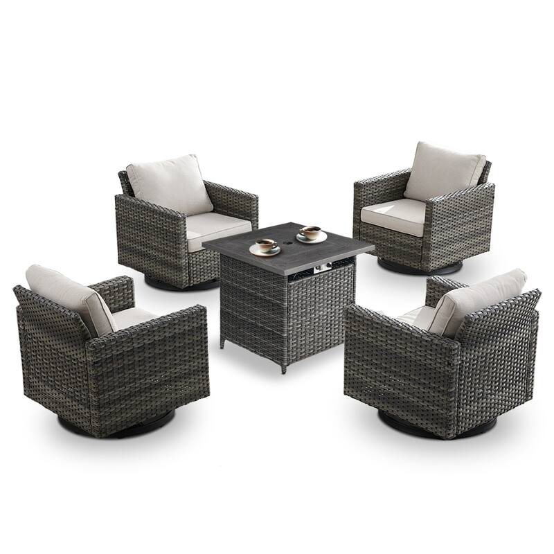 4 Swivel Chairs with Fire Pit Table - Grey - Beige