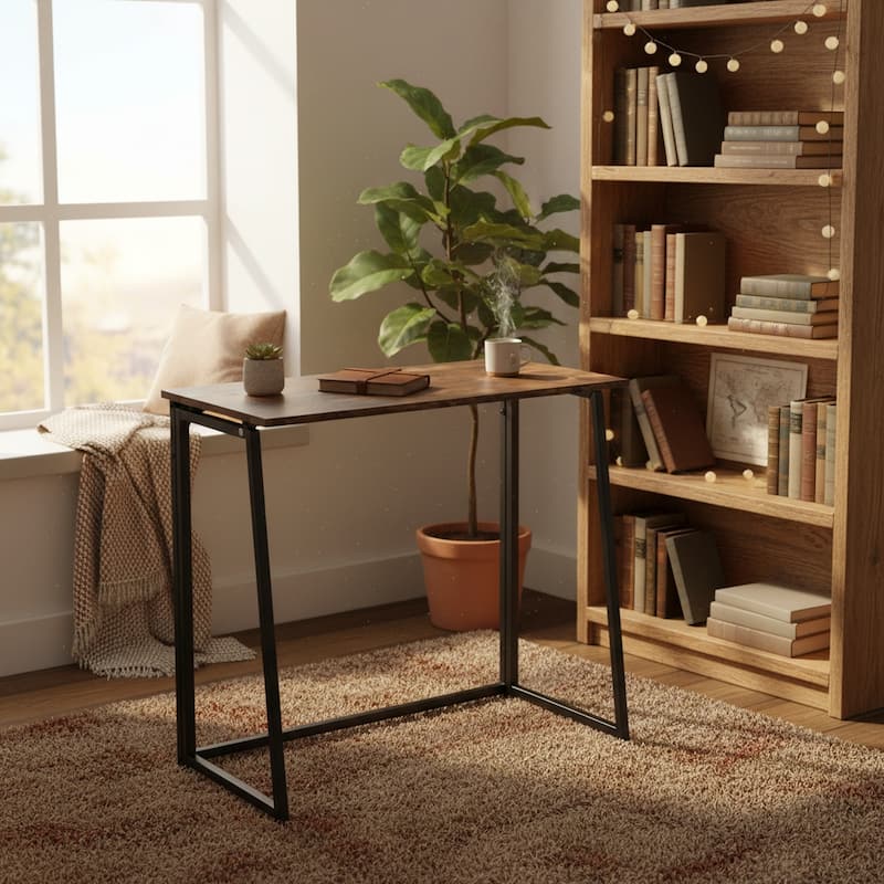 Homylin 31.5-Inch Folding Writing Desk, Space-Saving Computer & Study Table with Metal Frame - Brown