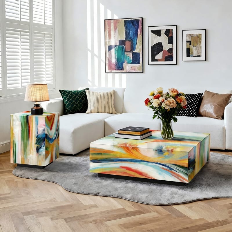 Square Modern Abstract Glass Coffee Table