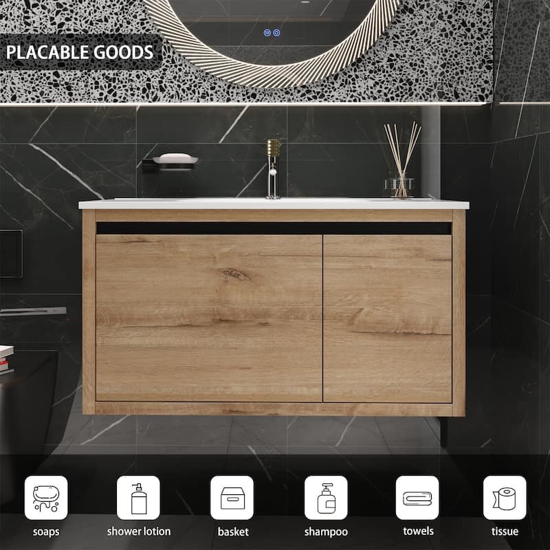 Imitative Oak 36 Inch Bathroom Vanity With Gel Sink