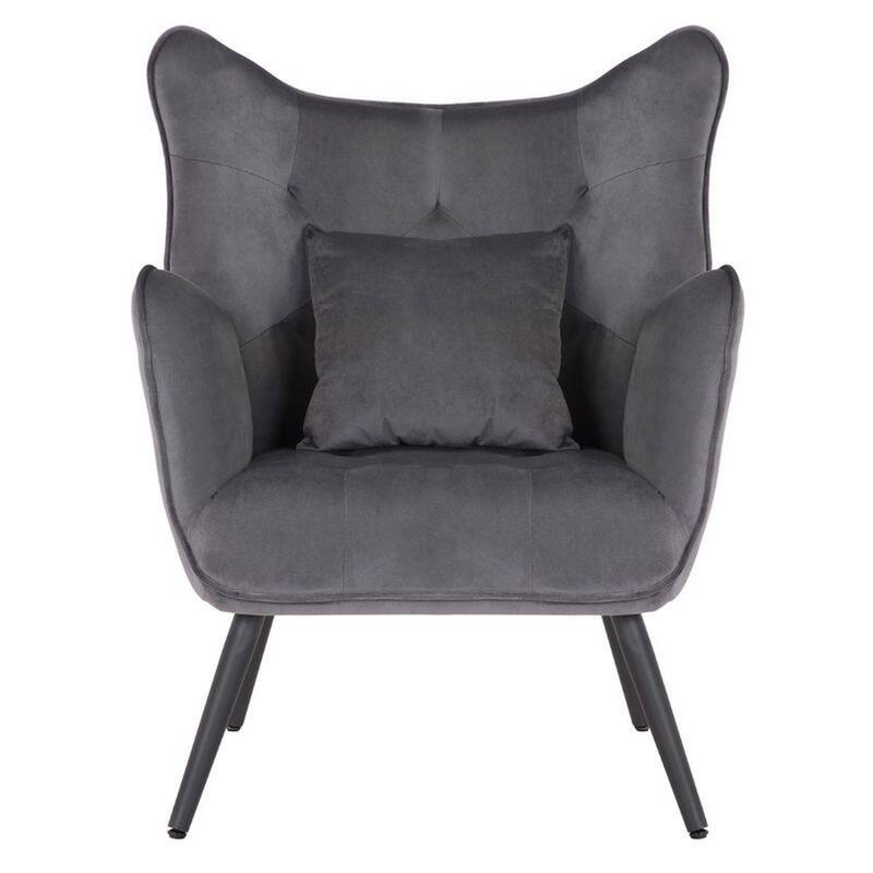 Ive 30 Inch Accent Chair, Wingback, Padded Gray Velvet Upholstery, Black