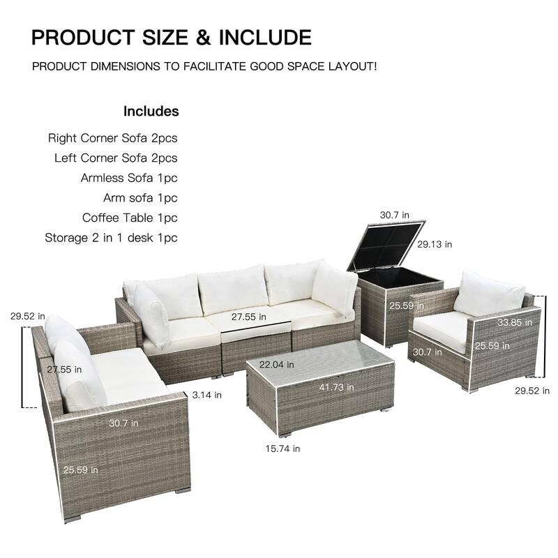 8-Pieces Wicker Outdoor Sectional Set with Glass Coffee Table and Cushions