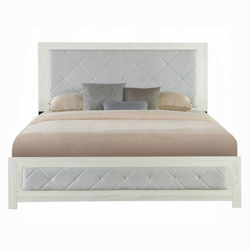 Modern Transitional Queen Size Panel Bed with Tufted Headboard, Beige Finish