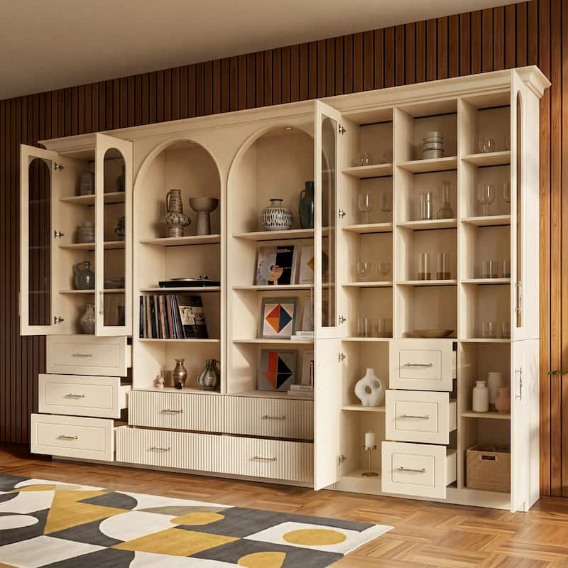 Modular Bookcase with LED Lights, Glass Door Storage Cabinet with Drawers, Large Display Shelving Unit Sideboard