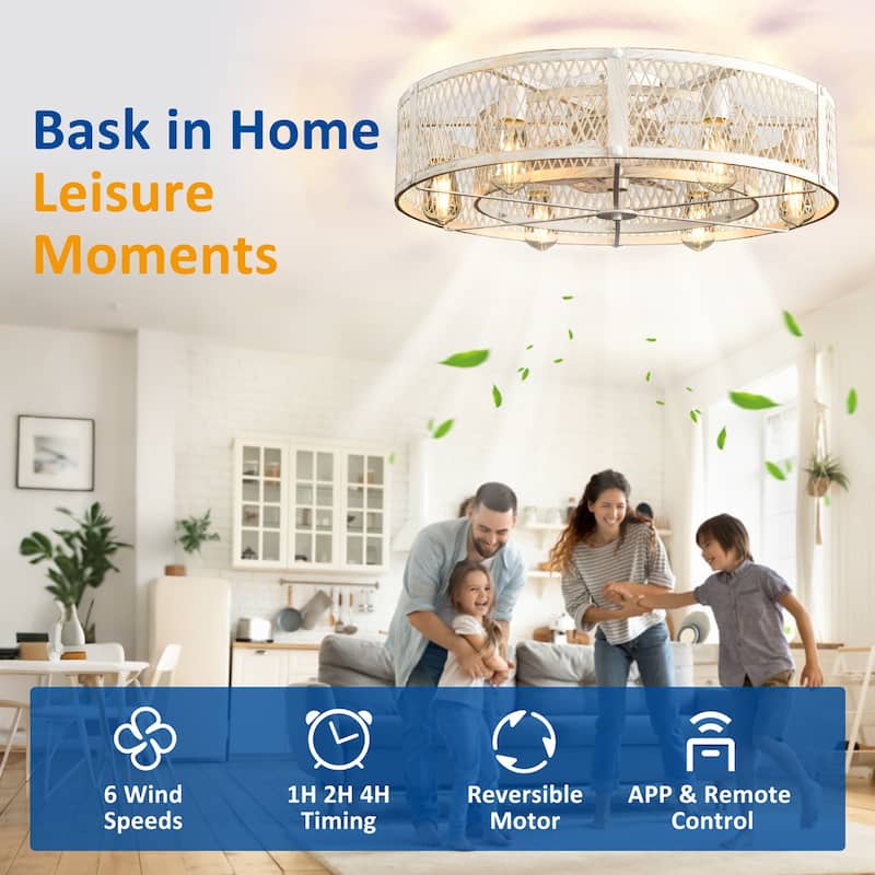 20-26Inch Caged Ceiling Fan with Light and Remote: APP Control Quiet DC Motor (E26 Bulbs Included)