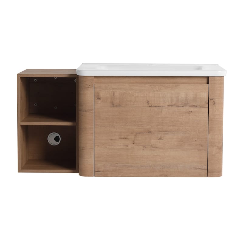 40'' Wall-Mounted Bathroom Vanity with White Ceramic Sink and Storage Shelves & 1-Soft-Close Door, KD-Packing, Plywood