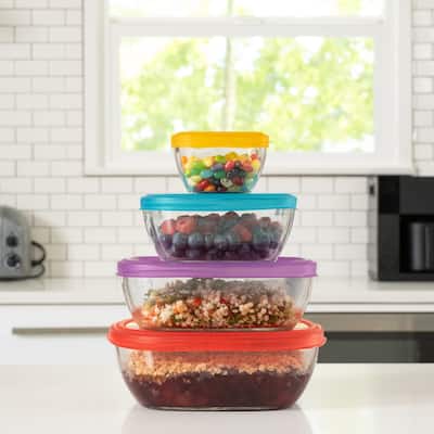 Libbey Serve It 8-Piece Glass Storage Container Set with 2-Cup, 6-Cup, 8-Cup, and 12.5-Cup Bowls and Multi-Color Lids - Set of 8