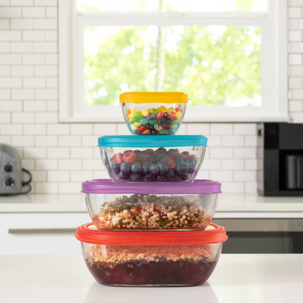 Libbey Serve It 8-Piece Glass Storage Container Set with 2-Cup, 6-Cup, 8-Cup, and 12.5-Cup Bowls and Multi-Color Lids - Set of 8