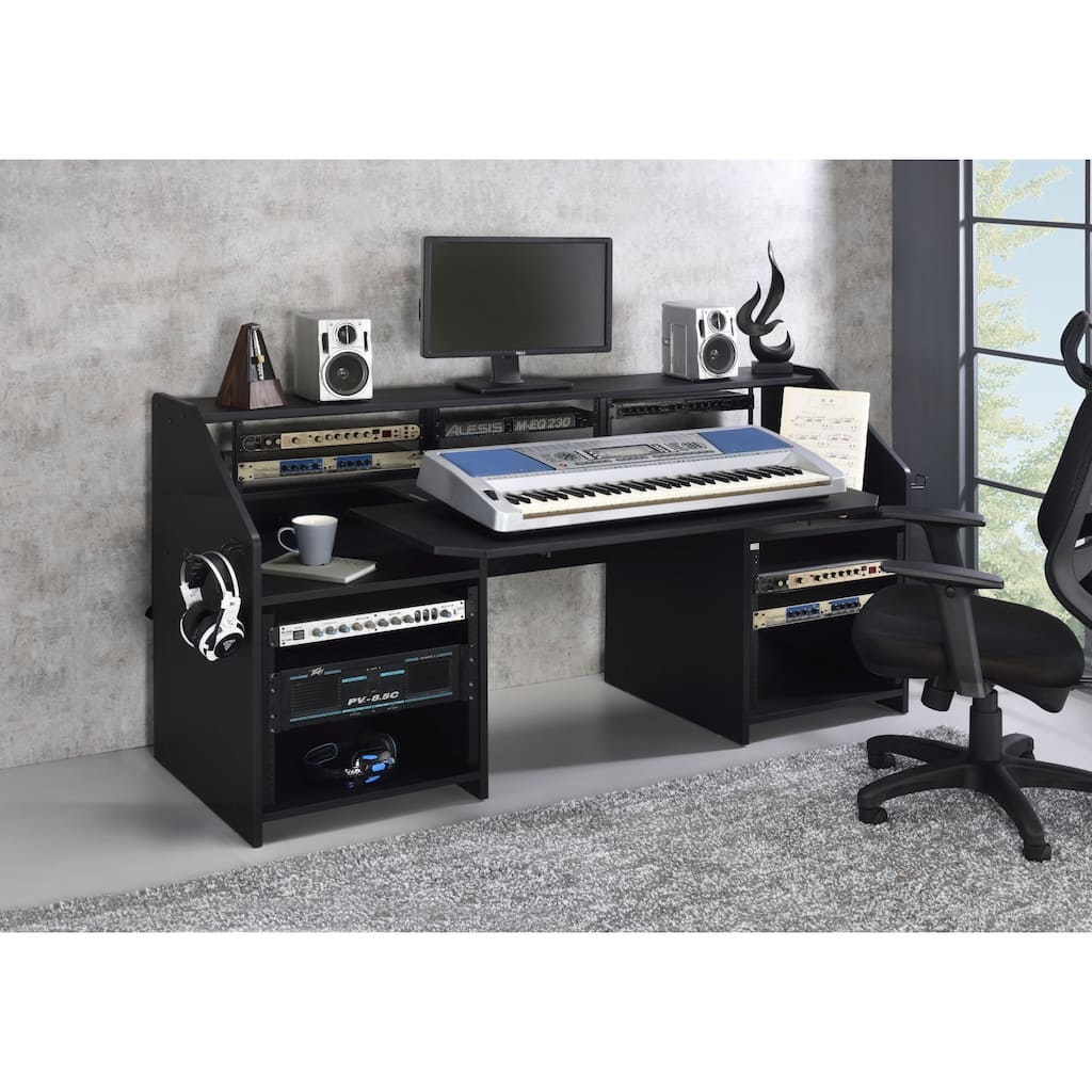 Roomfitters Annette Music Desk, High Capacity Rectangular Audio Workstation, 70-Inch Monitor Shelf, Earphone Rack