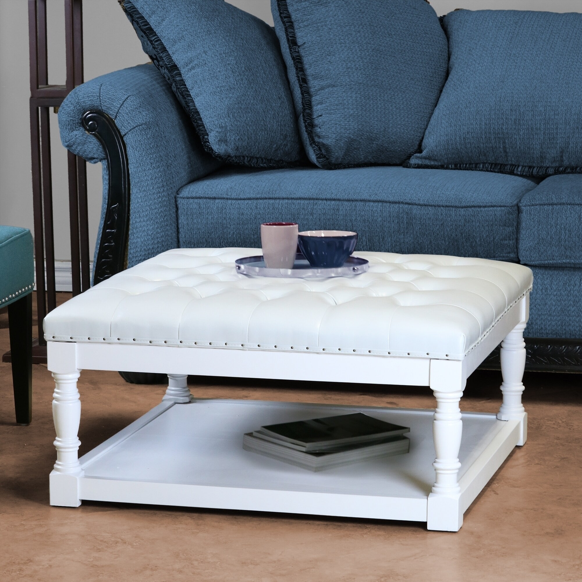 Cairona Tufted Bi-Cast Leather 34-Inch Shelved Ottoman Table - Gray Velvet Top, image size:2000x2000